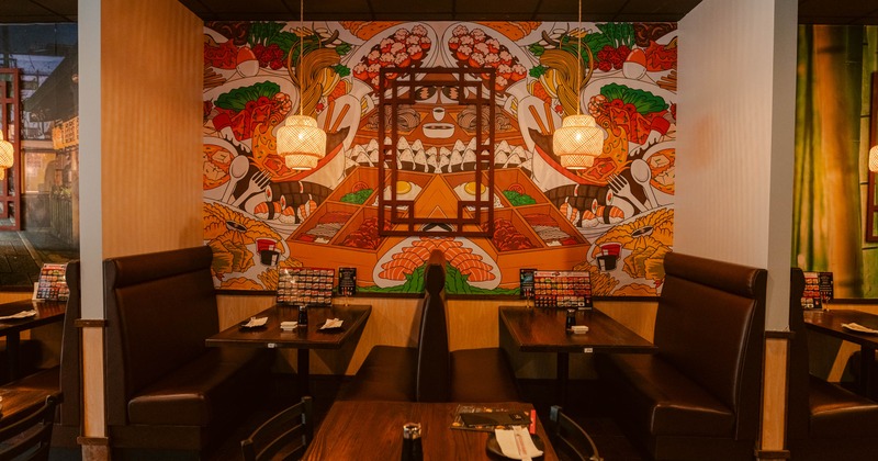 Restaurant booth seating with colorful food mural