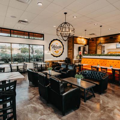 The interior, tables and chairs.