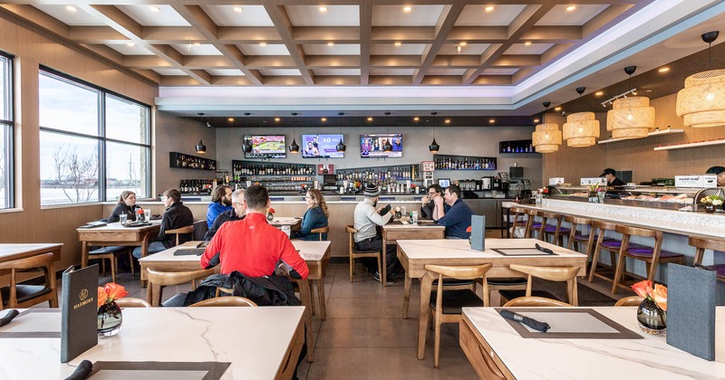 Interior, seating area with guests