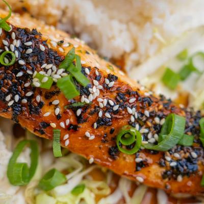 Grilled Furikake Salmon, close-up.