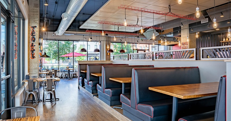 Interior, restaurant booths in dining area