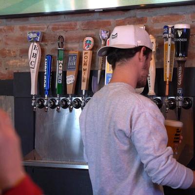 Pouring beer from the tap, and various beer taps.