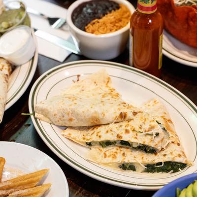 Served food and drinks, angled view.