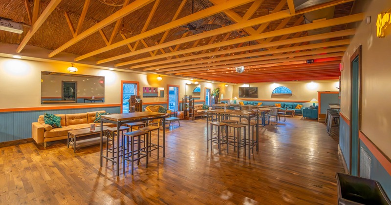 Interior, wooden, high tables and chairs