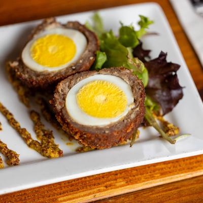 Scotch egg plate, close up.