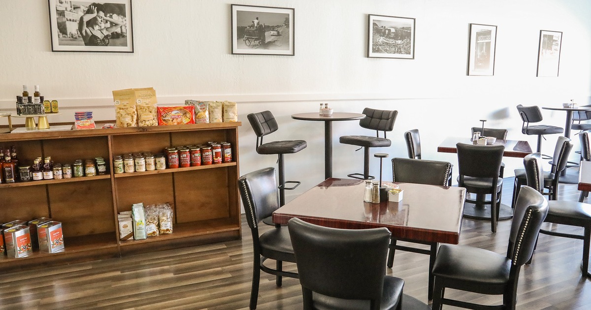 Interior space, dining area, shelves with products