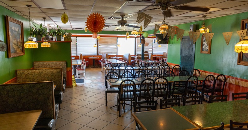 Interior, tables, chairs and seating booths