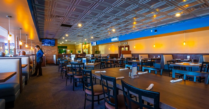 Diner area, tables, chairs, wide view