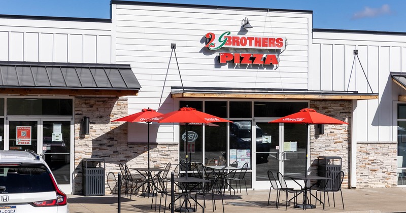 Exterior, seating space in front of main entrance