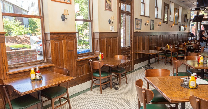 Interior, lined up tables and seats