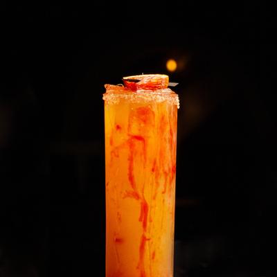 Cocktail served in salt-rimmed highball glass, showcasing the orange and red colors.