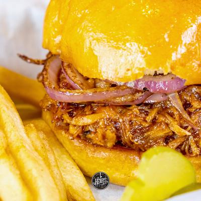 Pulled pork sandwich and fries.