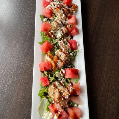 Watermelon and shrimp salad, top view