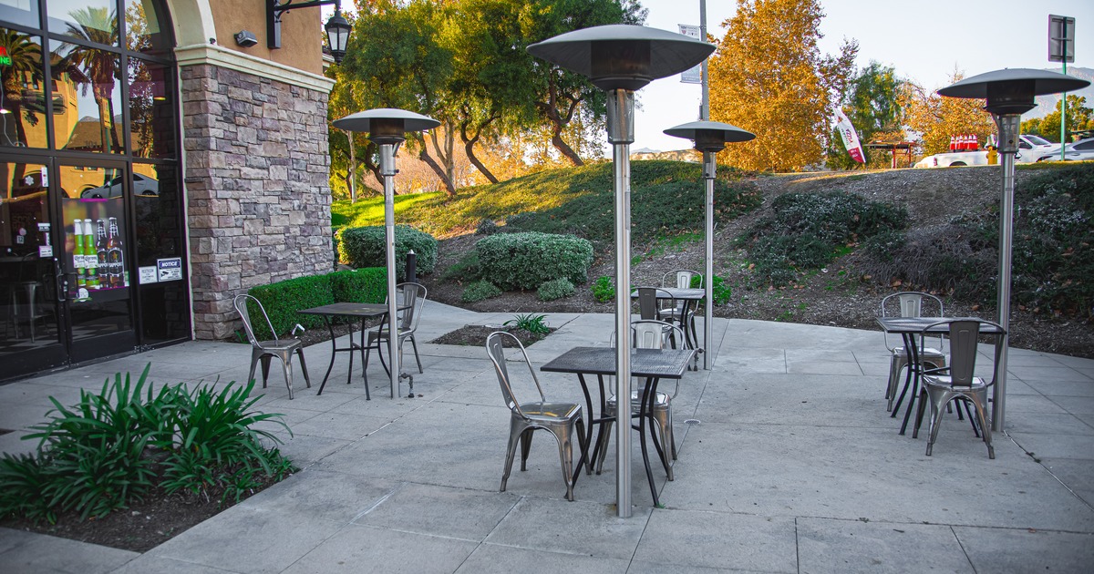 £exterior, patio, tables, chairs, outdoors gas heaters