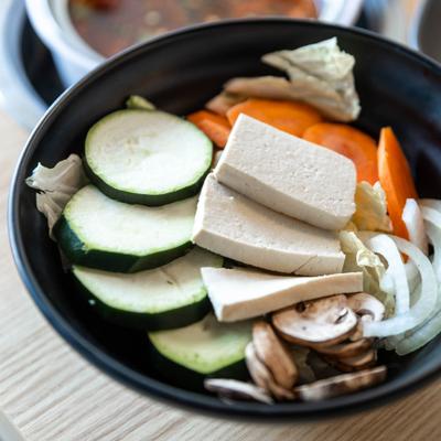 Veggies and tofu bowl, closeup.