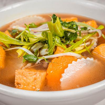 Vegan Tofu Pho, close up.