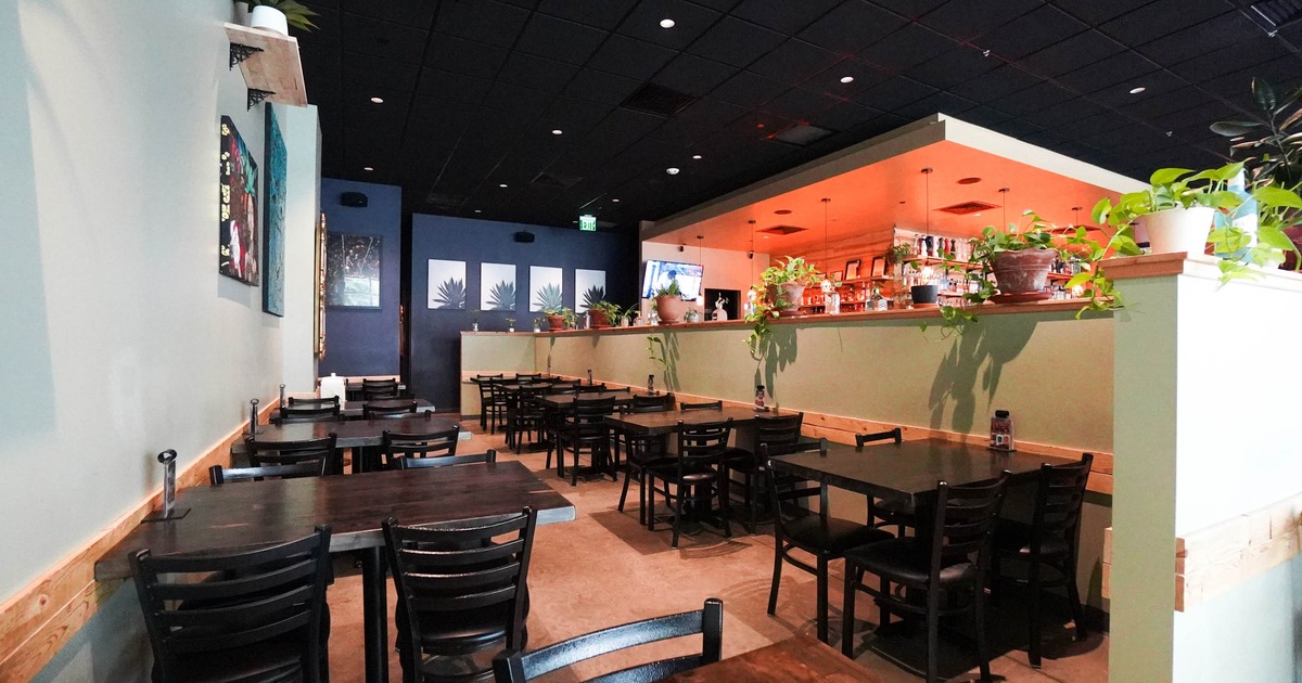 Dimly lit modern restaurant dining room with black wooden tables and green walls