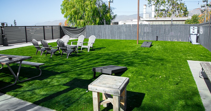 Exterior, patio, Lawn, chairs, tables, deckchairs