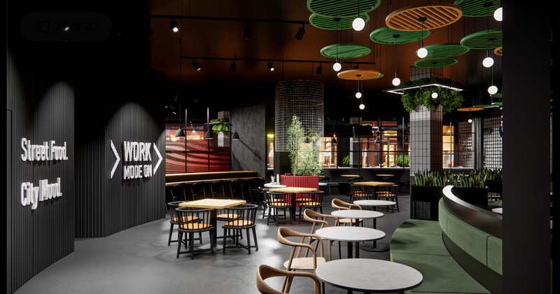 Modern dining area with round tables and chairs
