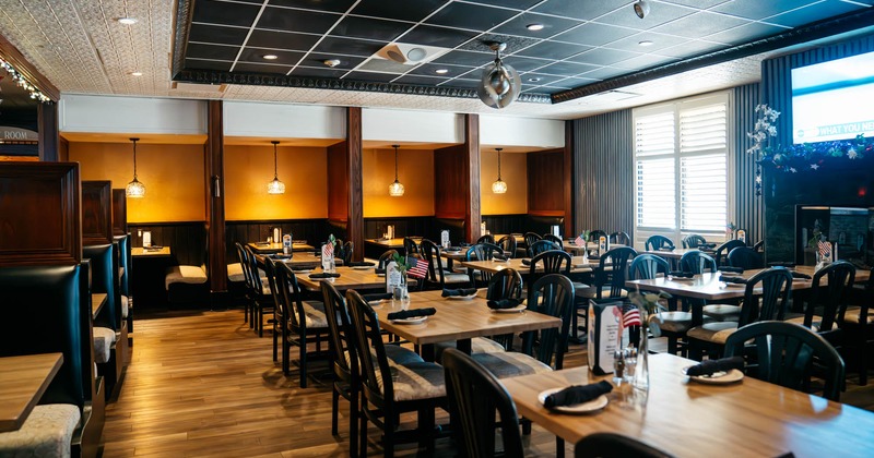 Interior, dining tables, booths, tableware