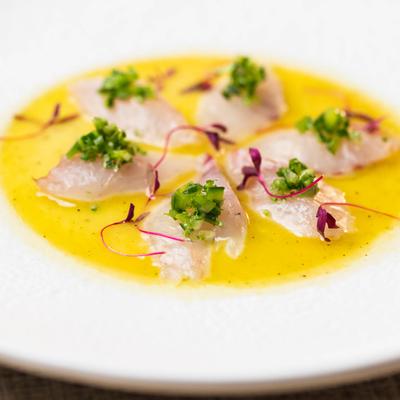 Cucumber, cilantro, shallots, and finger lime, in jalapeño lemon emulsion.