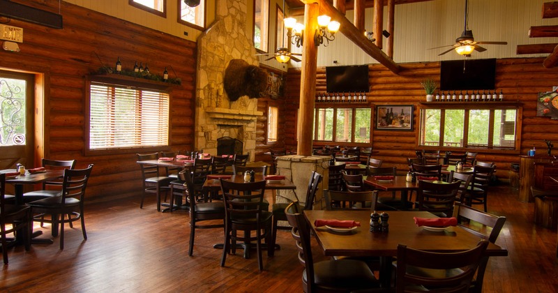 Interior, wide view of dining area, tables and chairs