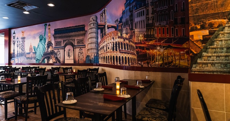 Interior, seating area near painted wall