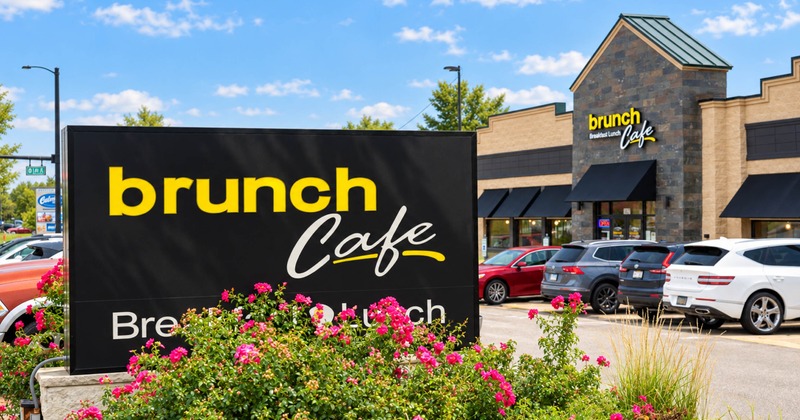 Exterior, sign totem in front parking lot and restaurant