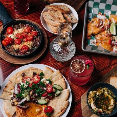 Assorted food and drinks.