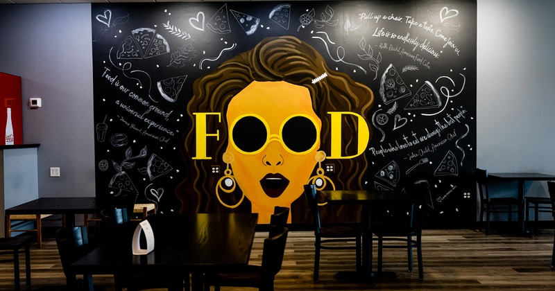 Interior, dining area, big wall mural