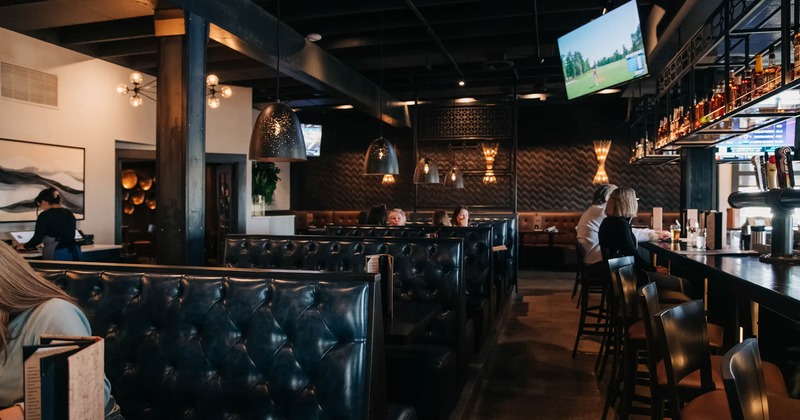 Interior, tables, chairs and seating booths lined up