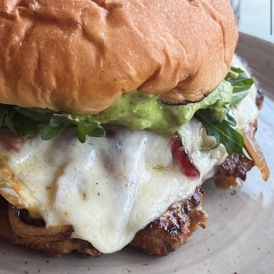 A closeup on a burger.