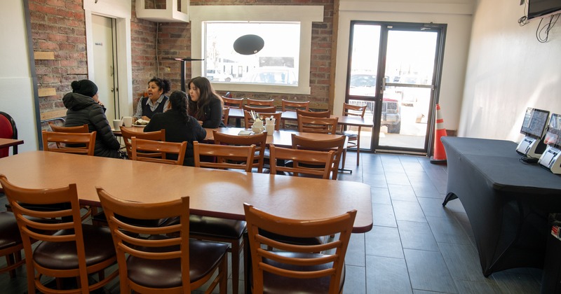 Interior, diner area, tables and chairs