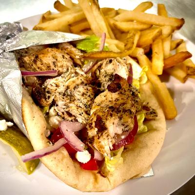 Chicken Gyro, with fries.