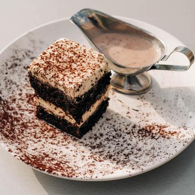 Tres leches cake with hot chocolate