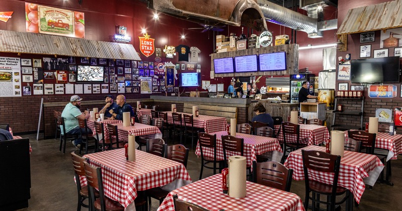 Diner area, tables, chairs, screens