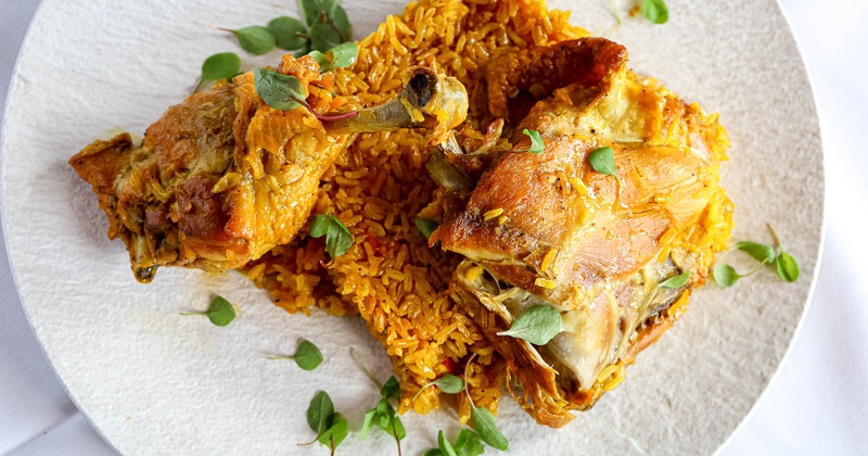 Top view of rice and chicken