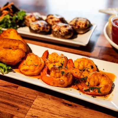 Shrimp appetizer, served, closeup.