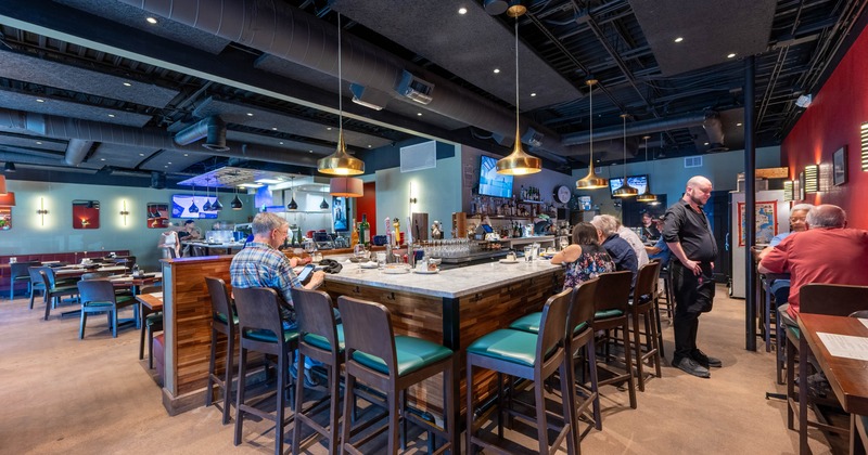 Interior, bar area, bar and bar stools
