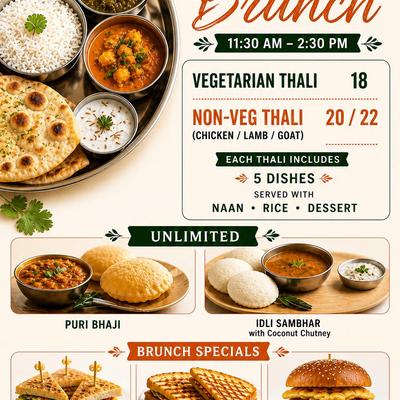 Promotional flyer for brunch from 11:30am-2:30pm Saturdays Only Best Indian food Washington DC.