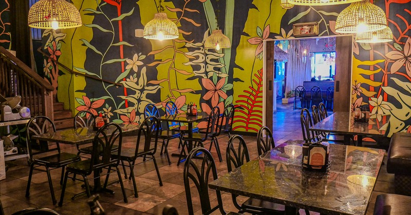 Interior, dining area, tables with chairs, beautiful floral pattern murals on the walls