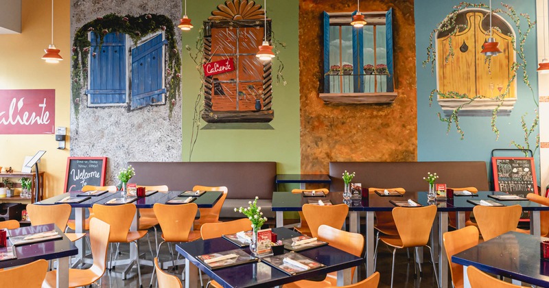 Dining area, tables and seating, wall mural