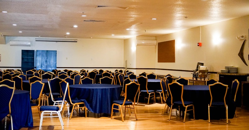 Interior, blue tables and chairs