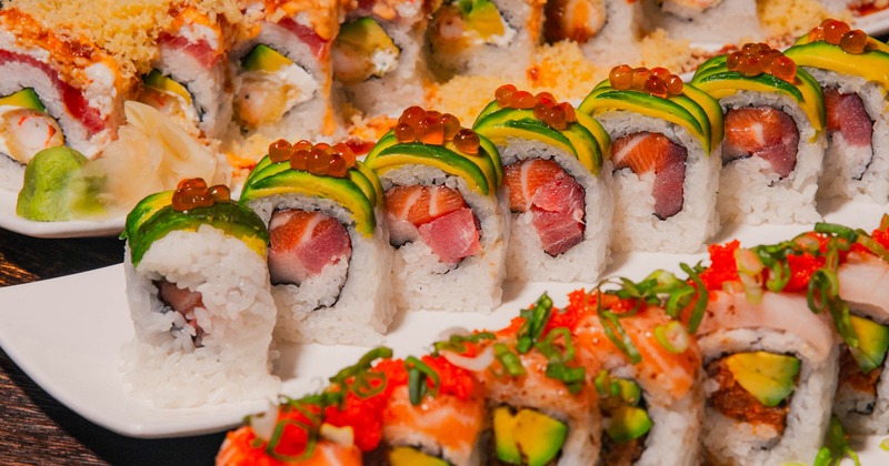 Assorted sushi rolls, close up