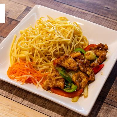 Grilled chicken with peppers and noodles.