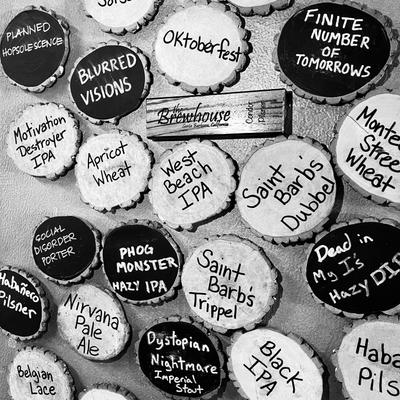 live edge wooden Coasters with Brewhouse Beer names.