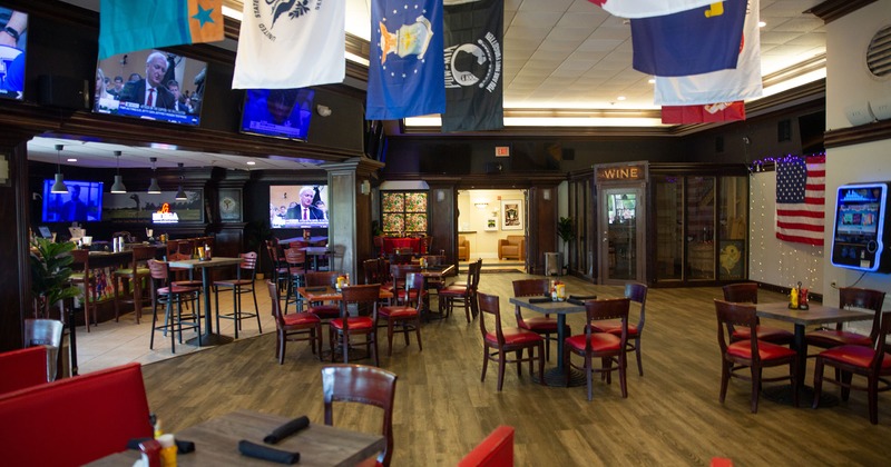 Interior, seating area with flags, dinning room,