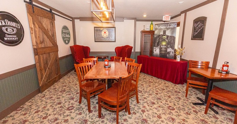 Interior, area with dining tables and lounge seating with a coffee table