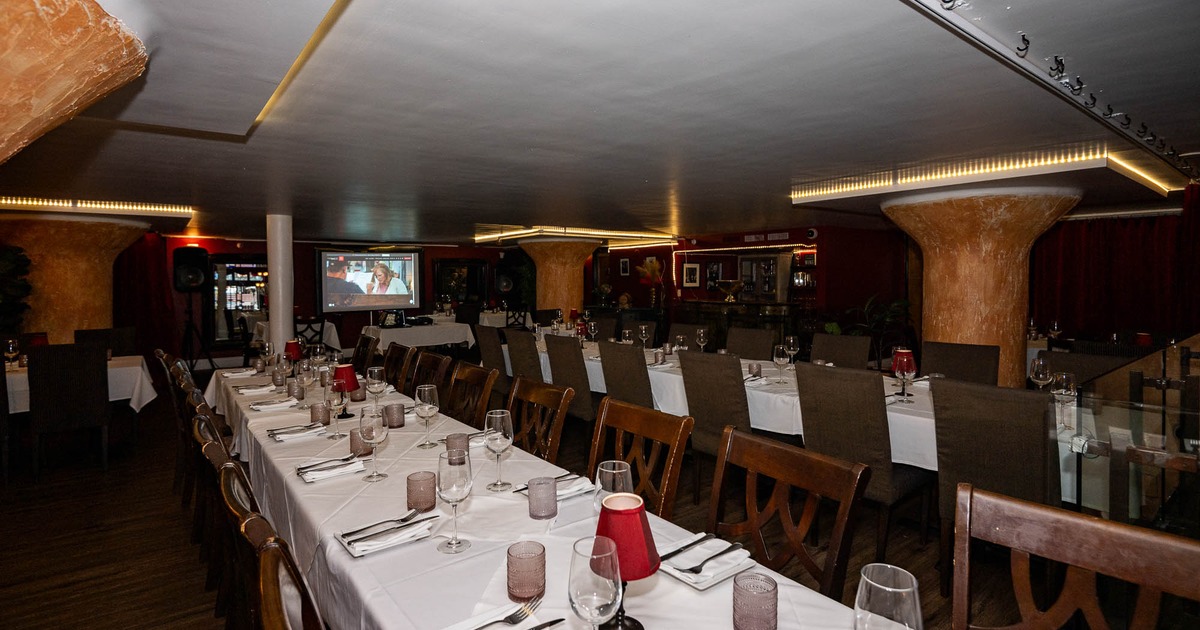 Interior, long tables and chairs