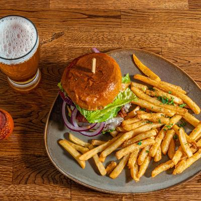 California Cheesebiurger with fries and a crips, delicious Modelo Especial on draft.